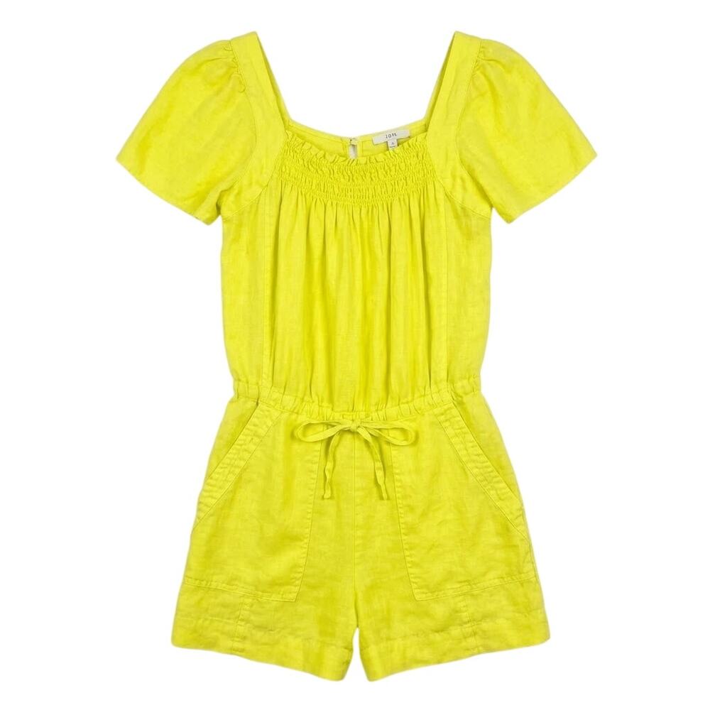 JOIE Linen Alina Romper Neon Yellow Smocked Pockets Tie Waist Keyhole Womens XS